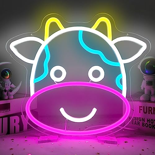Image of Cow Neon Sign Cute Cow Neon LED Signs for Wall Dimmable Light Up Signs for Kids Room Bedroom Led Lights Sign Decor Animal Night Light Gift for Boys Girls USB Powered