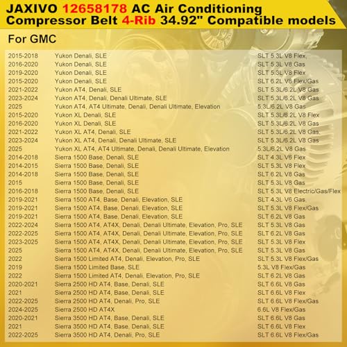 Image of 12658178 AC Air Conditioning Compressor Belt Compatible with 15-25 Escalade ESV 6.2L,14-25 Silverado /Sierra 1500 4.3L /5.3L /6.2L,15-25 Tahoe Yukon XL 5.3L /6.2L,Replace 4PK887SF 4040349S