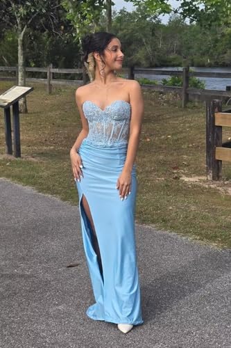 Mermaid Prom Dresses for Women Sparkly Satin Lace Appliques Formal Dress with Slit Spaghetti Straps LW1813
