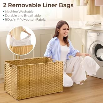GREENSTELL Storage Basket with Lid, 42.3 Gallon(160L) Lagre Wicker Blanket Storage Basket with Handles, Foldable, 2 Removable Liner Bags, Metal Frame, for Bedroom, Laundry Room, Brown,30"*18.1"*18.1"