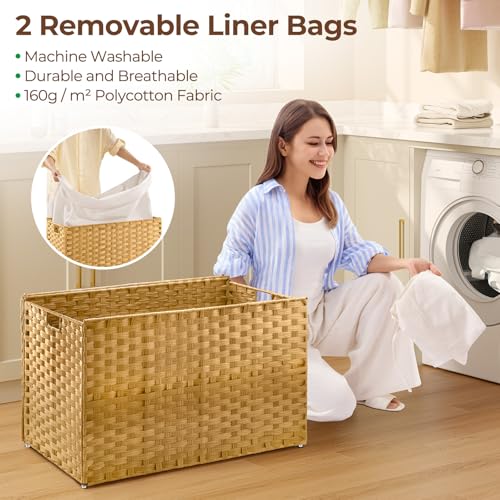 GREENSTELL Storage Basket with Lid, 42.3 Gallon(160L) Lagre Wicker Blanket Storage Basket with Handles, Foldable, 2 Removable Liner Bags, Metal Frame, for Bedroom, Laundry Room, Brown,30"*18.1"*18.1"