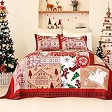 Christmas Quilt Bedding Set King Size,Christmas Snowflakes Santa Claus Pattern Printed Bedding,Soft Patchwork Bedspread Coverlet 3Pcs,Holiday Comforter with 2 Pillow Shams (Red&White,King106'x96')