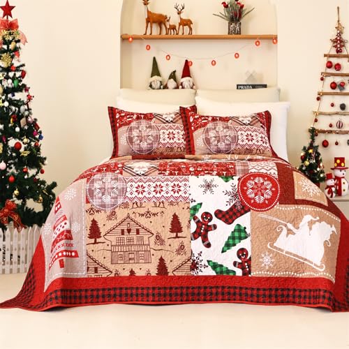 Christmas Quilt Bedding Set Queen Size,Christmas Snowflakes Santa Claus Pattern