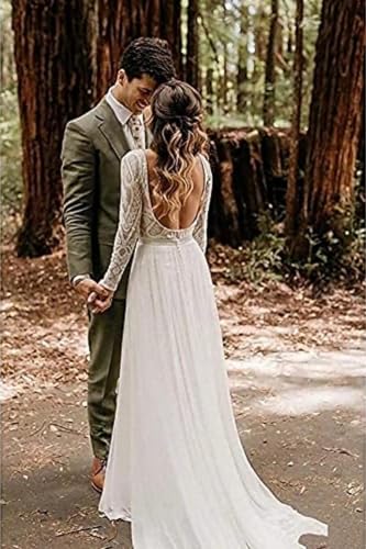 Women's Lace Long Sleeve Wedding Dresses for Bride Simple Wedding Dress A Line Backless Beach Bridal Gown RWD112