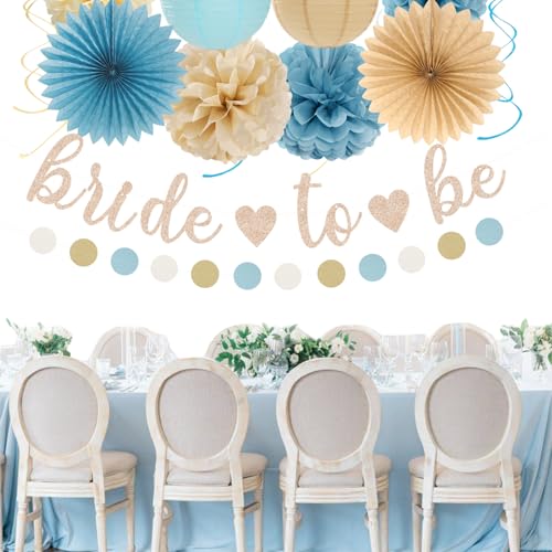 Image of Light-Dusty Blue Beige-Champagne Bridal-Shower Party-Decorations - 31pcs Bride to Be Banner,Boho Neutral Bachelorette Paper Lanterns,Wedding Garland,Tissue Pom Poms Flower Fan Decor Supplies Burgleda