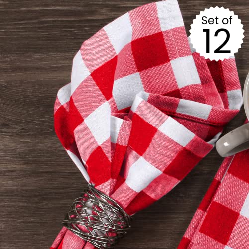 Dine N Decor Buffalo Plaid Cloth Napkins 100% Cotton - Ideal For Events Wedding Christmas Easter - Perfect Everyday Use Cloth Napkins 18X18 - Set Of 12 Gingham Check Napkins- Red White #TOP1
