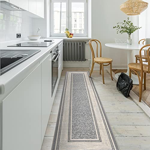 Ottomanson Machine Washable Bordered Design Non-Slip Rubberback 2X7 Traditional Runner Rug For Hallway, Kitchen, Bedroom, Living Room, 1'10" X 7', Light Gray #TOP2
