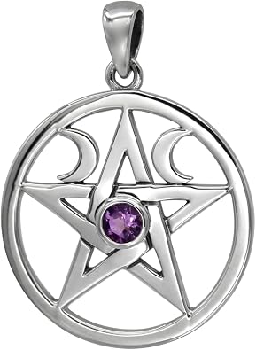 Moonlight Mysteries Triple Moon Pentacle Pendant - Sterling Silver Wiccan Pagan Amethyst Pentagram Charm