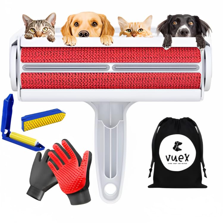 Vuex Pet Cleaning Set 3 Piece Includes Reusable Lint Roller Multi-Surface Tool for Furniture, Pet Grooming Gloves, Reusable Washable Sticky Lint Roller for Pet Hairs.