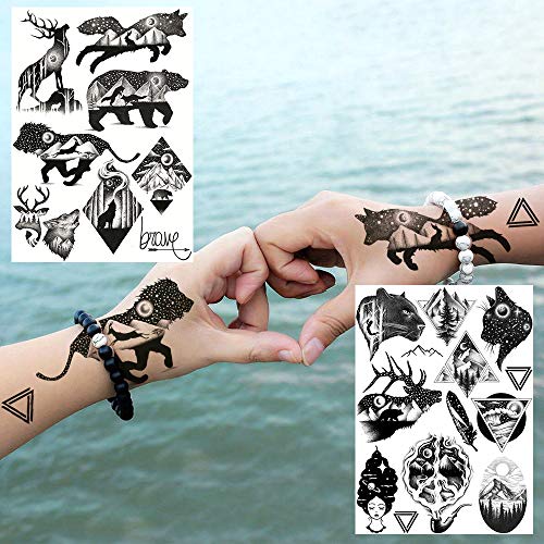 6 Sheets FANRUI Small Black Animals Temporary Tattoos For Women Kids Men Cute Geometric Mountain Forest Custom Lion Moon Star Fake Tattoo Sticker Waterproof Arm Children Tiny Hands Face Temp Tatoo Paw - Thumbnail 2