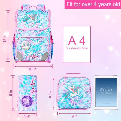 Image of HPJGD Tie-Dye Unicron Backpack for Girls, 15 inch Sequins Preschool Bookbag with Lunch Box for Kids, 3PCS Shcool Bag Set for Elementary Toddler