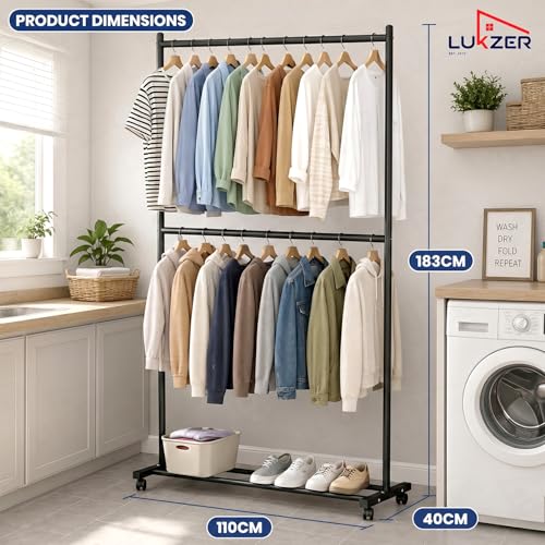 Image of Lukzer Double Rod Garment Rack with Wheels | MGS-006 / Black | Heavy-Duty Metal Clothes Stand Organizer with Bottom Shelf | Rolling Clothing Rack for Bedroom, Laundry & Boutique (183 x 110 x 40 cm)