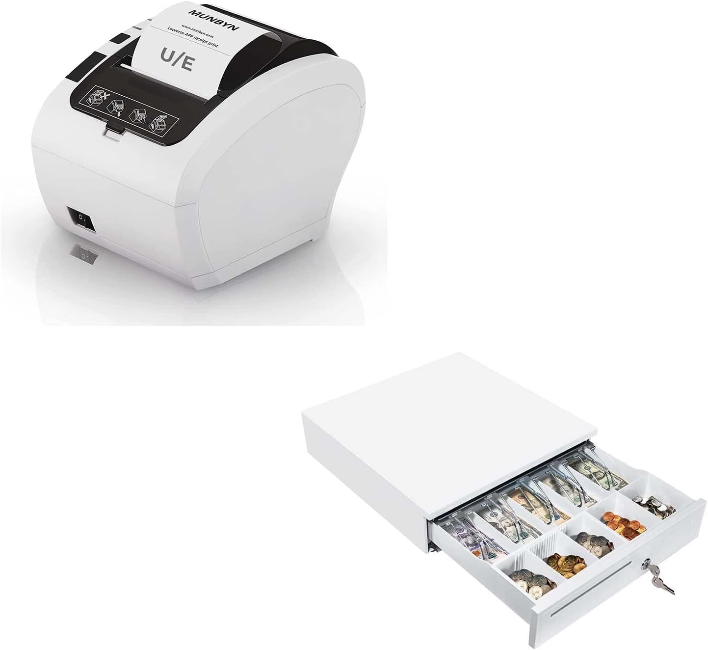 MUNBYN Receipt Printer, Thermal Receipt Printer Works with Windows Mac Chromebook Linux Cash Drawer and White Cash Drawer, 16" Heavy Duty Cash Register for Point of Sale (POS) System