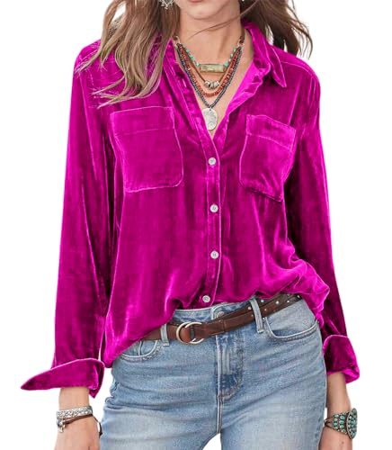 Image of R.Vivimos Autumn Winter Women Tops V Neck Button Down Long Sleeve Blouse Loose Fit Velvet Shirt with Pockets(Medium,HotPink#2)