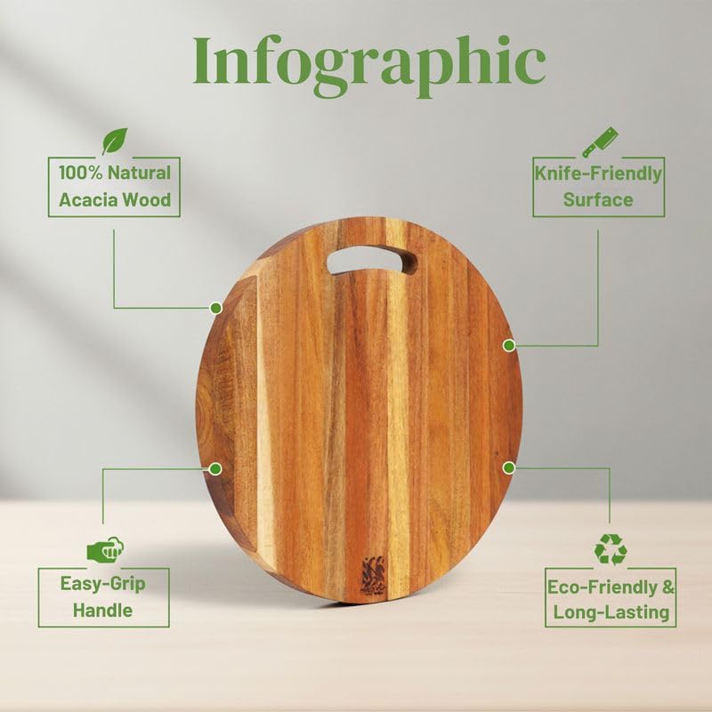 Tabla de Cortar Redonda Premium de Madera de Acacia con Mango para Queso, Pizza, Pan y Frutas, Tabla Ligera de Madera Maciza de 30 cm x 30 cm x 1.4 cm, No Tóxica, Libre de BPA y Sin Plástico de New M Way miniatura 3