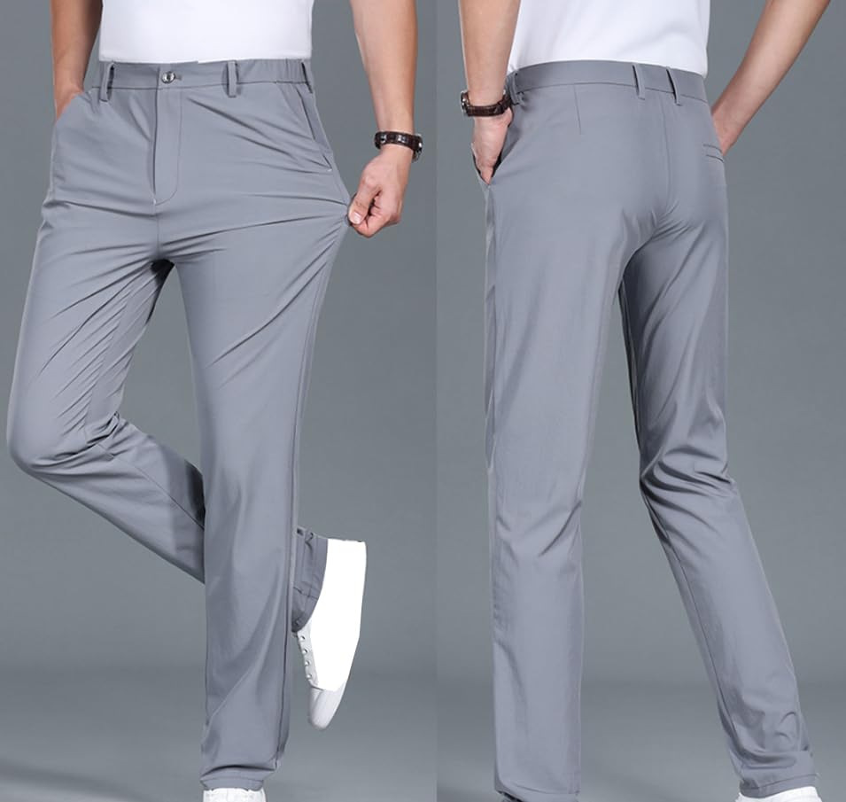 Truecups Mens Pants, Casual Stretch Comfort High Waist Ice-Silk Pants, Classic Fit Work Dress Straight Leg Trousers2