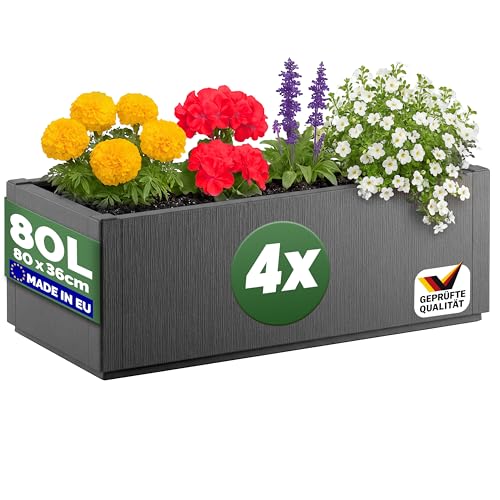 Casaria® 4X Jardinière Ethica Anthracite 80x36x36cm 80 L résistante Fond d'écoulement Bac à Fleurs Pot de Fleurs Jardin Balcon