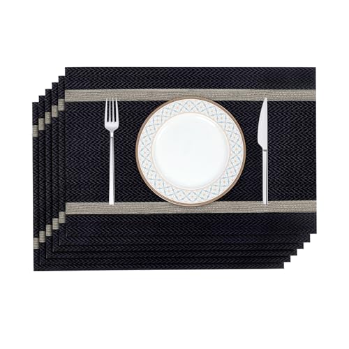 fanquare 6er Set Platzsets PVC Tischsets Schwarz - Abwaschbar, Hitzebeständig, rutschfest, 45x30cm mit Gold Rand, Platz-Matten für Küche und Esszimmer