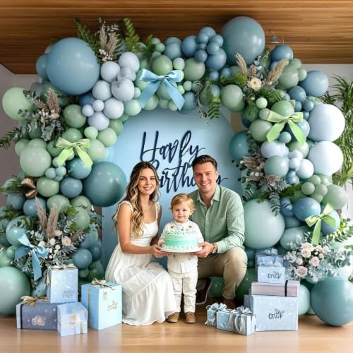 Image of Dusty Blue Sage Green Balloon Arch Kit, Double Stuffed Pastel Light Green Fog Blue White Cream Balloon Garland With Bows for Baby Shower Bridal Wedding Birthday Gender Reveal Silly Goose Party Decor