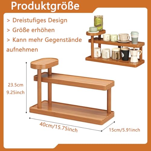 HSYTEK Holz Schreibtischregal Organizer, Tassenregal, 3-Stufiger Kaffeetassenregal, Aufbewahrungsregal für Tee, Kaffee, Bar, Zubehör, Matcha Regal, Tassen-Display, Kosmetik, Gewürz 40x23.5x15 cm