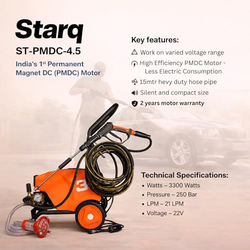 Image of STARQ STPMDC 4.5 Commercial High Pressure Washer with PMDC Motor India's 1st PMDC Pressure Washer 3300W 4.5HP 250 Bar 21 LPM 15m Hose for Car Bike Home & Truck Cleaning