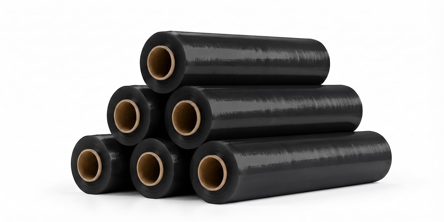 Film Estirable Negro Manual – Pack 6 Rollos 50cm x 300m x 23 Micras | 1800mts Totales | Embalaje Industrial, Mudanzas, Estudios de Tatuaje y Paletizado Profesional