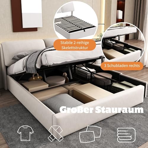 Rtopsu Polsterbett Doppelbett 140x200 cm mit 3 Stauraum Schubladen, Bett mit Stauraum und Kopfteil, Stauraumbett mit Hydraulische Metallrahmen und Lattenrost aus Holz, Samt, Beige, Ohne Matratze