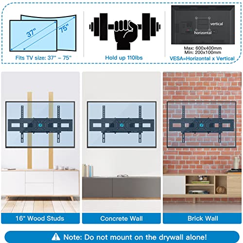 Full Motion Tv Wall Mount Bracket For 37-75 Inch Lcd, Qled,Oled 4K Flat Curved Tvs, Dual Arms Tilt Extension Swivel Articulating Tv Mount, Max Vesa 600X400Mm Up To 110Lbs, Fits 16” Studs By Pipishell #TOP4