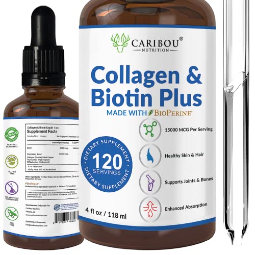 Liquid Collagen & Liquid Biotin With BioPerine For Enhanced Absorption - 10000mcg Collagen Liquid & 5000mcg Biotin Liquid - Liquid Collagen For Women -4 Month Supply of Biotin And Collagen Supplements