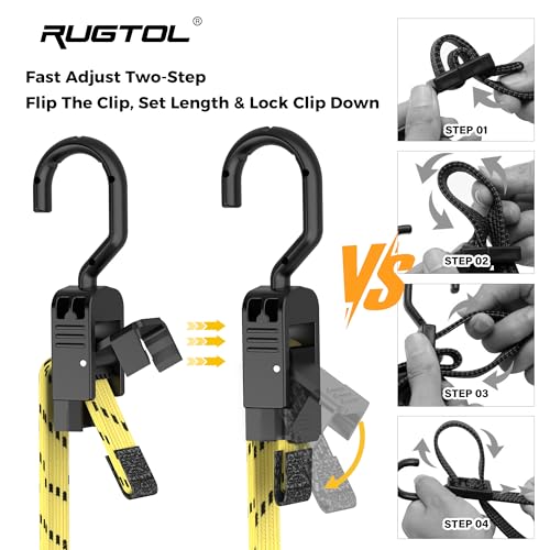 Image of Rugtol Bungee Cords with Hooks, 48 Inch Adjustable Flat Bungee Straps with Quick Release Buckle, Yellow Black Heavy Duty Elastic Cords with Metal Hooks for Bike Rack, Outdoor, Camping, Tarp, 6 Pack
