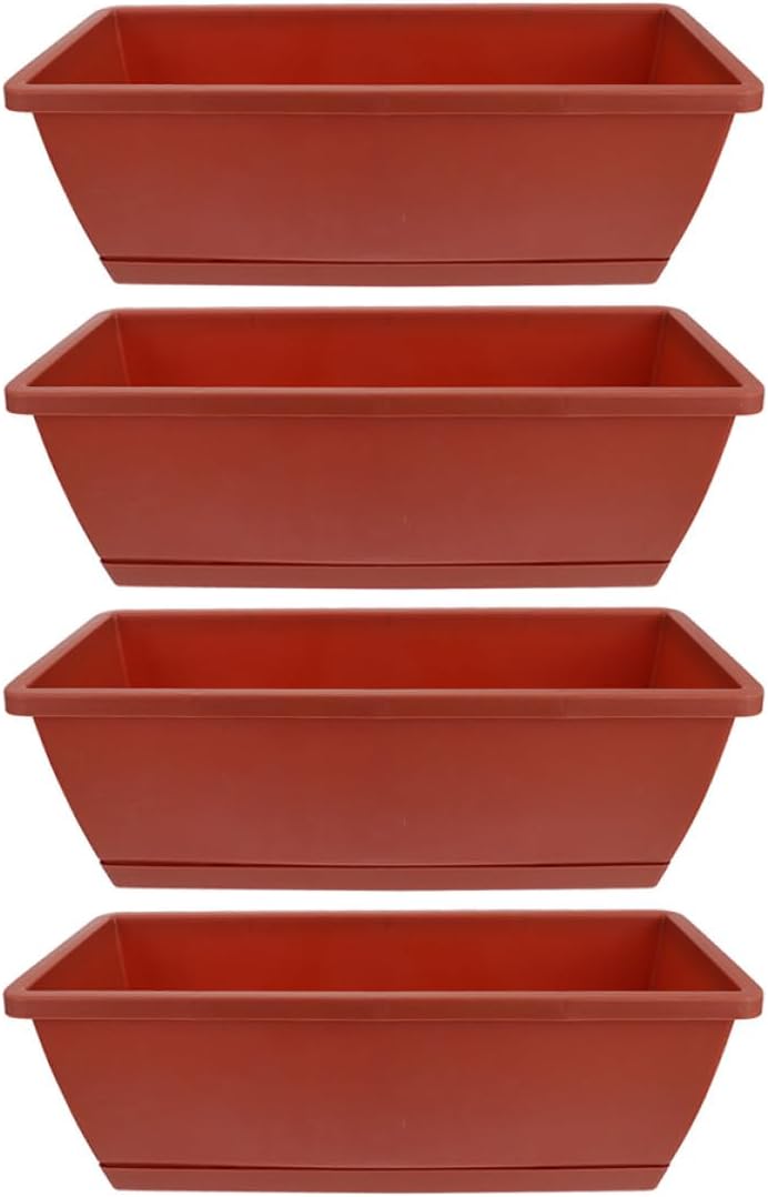 4pcs Rectangular Window Box Planters with Saucers, Large 43cm X 19cm X 15.2cm Brick Red Plastic Herb and Vegetable Growing Containers for Balcony Garden