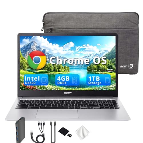 Acer Chromebook 315 15.6" FHD Laptop, Intel Celeron N4500, 4GB LPDDR4 RAM, 1TB Storage(64GB eMMC & 1TB Docking Station Set), Intel UHD Graphics, Numeric Keypad, HD Webcam, Silver, Chrome OS