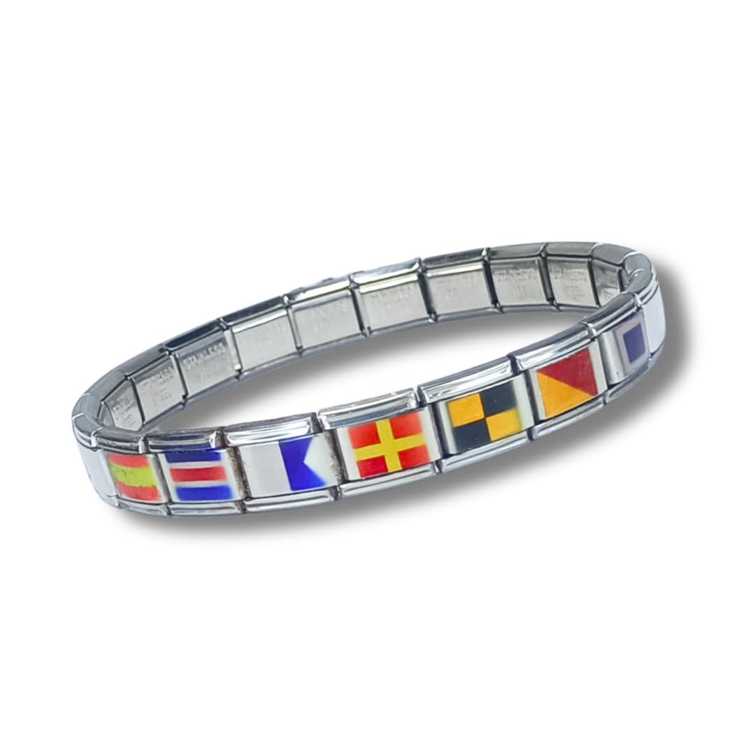 Feyma Pulsera Personalizada con nombres en Banderas Náuticas - Eslabones de Acero Inoxidable con Acabado Metalizado