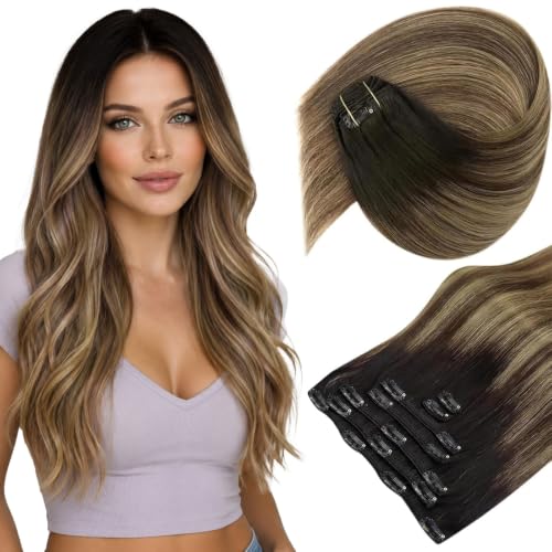Image of Sunny Hair Clip in Hair Extensions Real Human Hair Black Balayage Blonde | Remy Clip in Hair Extensions 14 Inch, Natural Length and Gentle Movement with Natural Color Match for Busy Workdays 105g