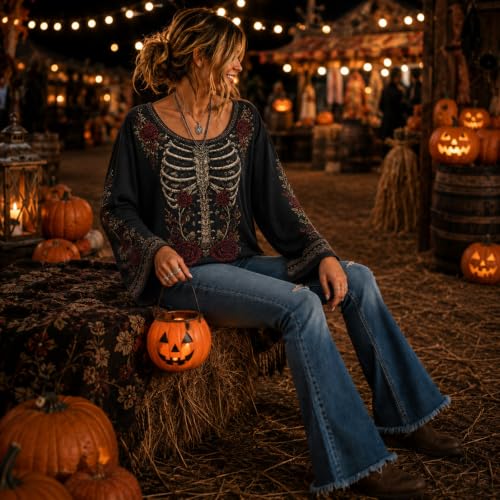Womens Halloween Shirts Vintage Bell Sleeve Crew Neck Skeleton Top - image 3