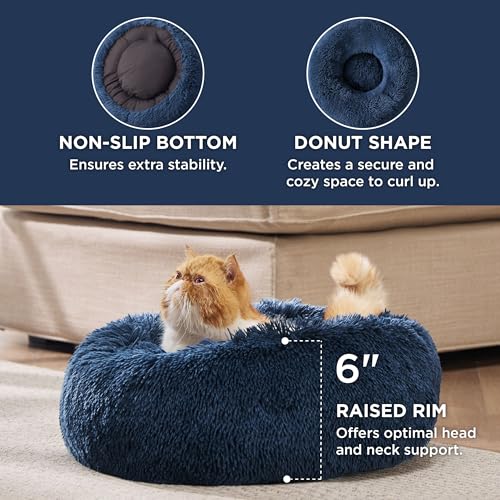 Image of Bedsure Calming Cat Beds for Indoor Cats - Small Cat Bed Washable 20 inches, Anti-Slip Round Fluffy Plush Faux Fur Pet Bed, Fits up to 15 lbs Pets, Navy