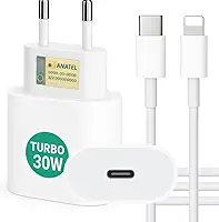 Carregador Tipo C Turbo 30W + Cabo Compatível i.Phone, i.Phone X Xr 8 11 12 13 14 Plus Pro Max i.Pad, Carregamento Ultra Rapido, Fonte USB-C, Carga Rápida, Produto Homologado Anatel