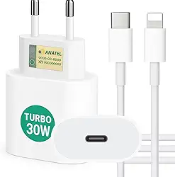 Carregador Tipo C Turbo 30W + Cabo Compatível i.Phone, i.Phone X Xr 8 11 12 13 14 Plus Pro Max i.Pad, Carregamento Ultra Rapido, Fonte USB-C, Carga Rápida, Produto Homologado Anatel