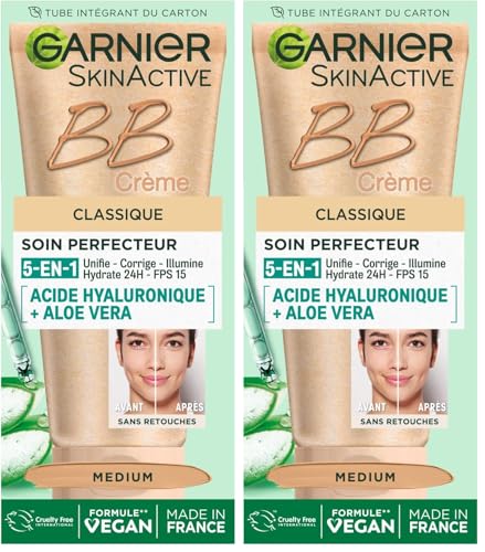 Garnier - BB Crème Classique - Soin Perfecteur Tout-en-1 Anti-Imperfections - FPS 15 - Enrichi en Acide Hyaluronique & Aloe Vera - Pour Tous Types de Peaux - Teinte : Medium - Skin Active - 50 ml