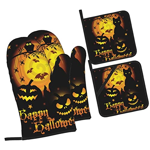 Halloween Pumpkin Witch Printed Oven Mitts And Pot Holders Heat Resistant Potholders Oven Gloves And Pad For Baking Kitchen Grilling - 4 Set #TOP1