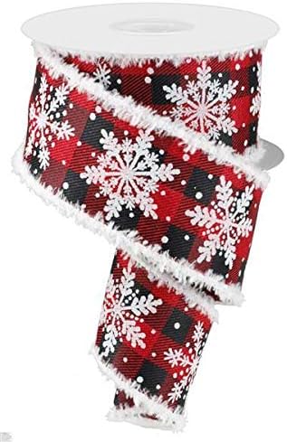 Glittered Snowflake with Snowdrift Wired Edge Ribbon - 10 yards (Red, Black Plaid, 2.5 Inches)