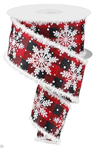 Image of Buffalo Plaid Snowflake Wired Ribbon - 2 1 /2 inch x 10 Yards, Red & Black Checks, Christmas, Wreath, Fuzzy Flocked Edges, Wreath, Gift Wrapping, Tree Decoration, Bows, Presents