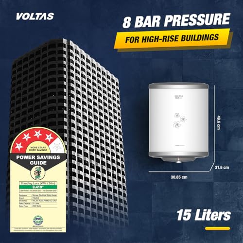 Image of Voltas Aqua Prime 15L Water Heater 2000W, Warranty of 7 years on Tank, 3 Years on Heating Element, 2 Years on Product by Voltas|Free Installation| Free Connecting Pipe|Copper Element|8 Bar (White)