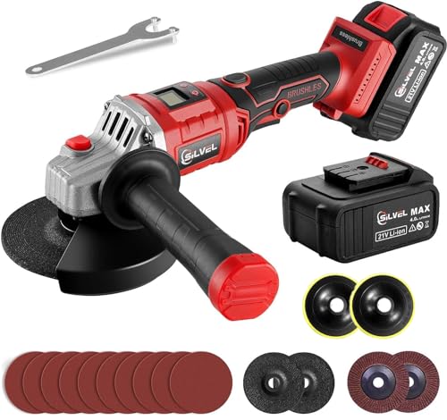 SILVEL Angle Grinder, 21V Cordless Grinders Tools with 3.0Ah Lithium-Ion Battery, Charger, 2 Position Handle, 4-1/2inch with 8500RPM Brushless Motor Cordless Grinder for Metal, Wood