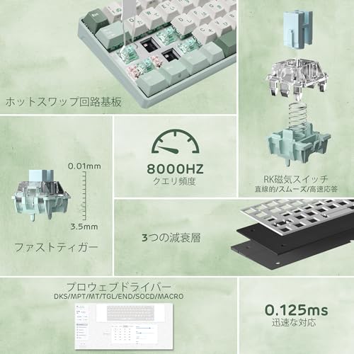 RK ROYAL KLUDGE C68 JP ホール効果メカニカルゲーミングキーボード、65% HE マグネティックスイッチ有線 RGB キーボード、ホットスワップ対応、ラピッドトリガー調整可能アクチュエーション、8K ポーリングレート、Mac & Win 用 Pro Web ドライバー，日本語QWERTYレイアウト