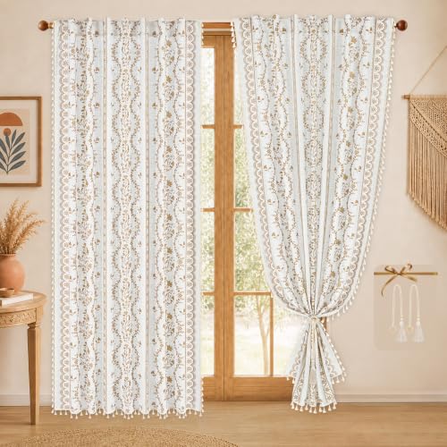 Image of Yinhua Boho Curtains for Living Room 63 Inch Length Vintage Linen Curtains for Bedroom Light Filtering Window Curtain Rod Pocket & Back Tabs Rustic Tassel Drapes with Tiebacks, White Beige