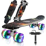 Saramond Skateboard komplett 55 cm Mini-Cruiser Retro-Skateboard für Kinder Jungen Mädchen Jugendliche Erwachsene Anfänger, LED-Blitzräder mit All-in-One Skate T-Tool (Schwarzphantom)