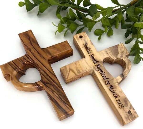 Personalized Engraved Wooden Cross, Holy Land Olive Wood Cross with Heart for Wall, Custom Baptism Gift, Confirmation Cross, First Holy Communion Gifts for Girls, Christening Crucifix For Boys