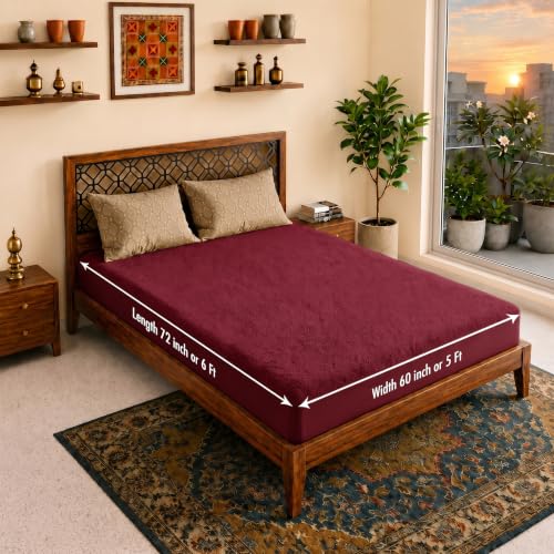 Image of Lithara Terry Cotton Fitted Mattress Protector for Queen /Double Bed | Waterproof & Elastic Band | Ultra Soft & Hypoallergenic Mattress Cover | Size : 60 x 72 Inches (5 x 6 Feet) | (Wine Red)