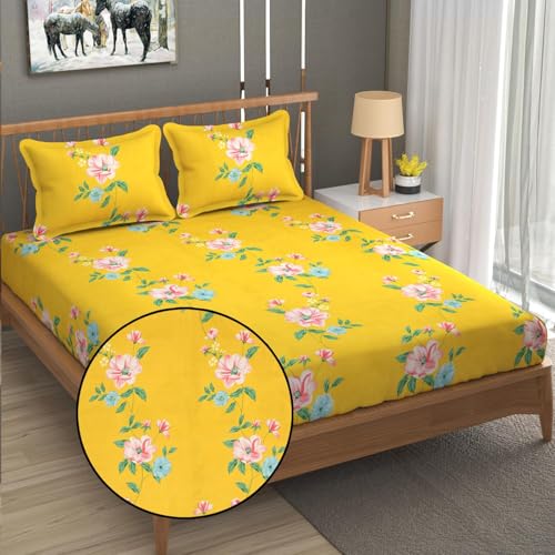 Image of KAWI King Size Microfiber All Over Elastic Fitted Double 220 TC Floral Bedsheet Cotton Feel (72 inchX78 inch X 6 inch) with 2 Pillow Covers, Color- Yellow Folral Print